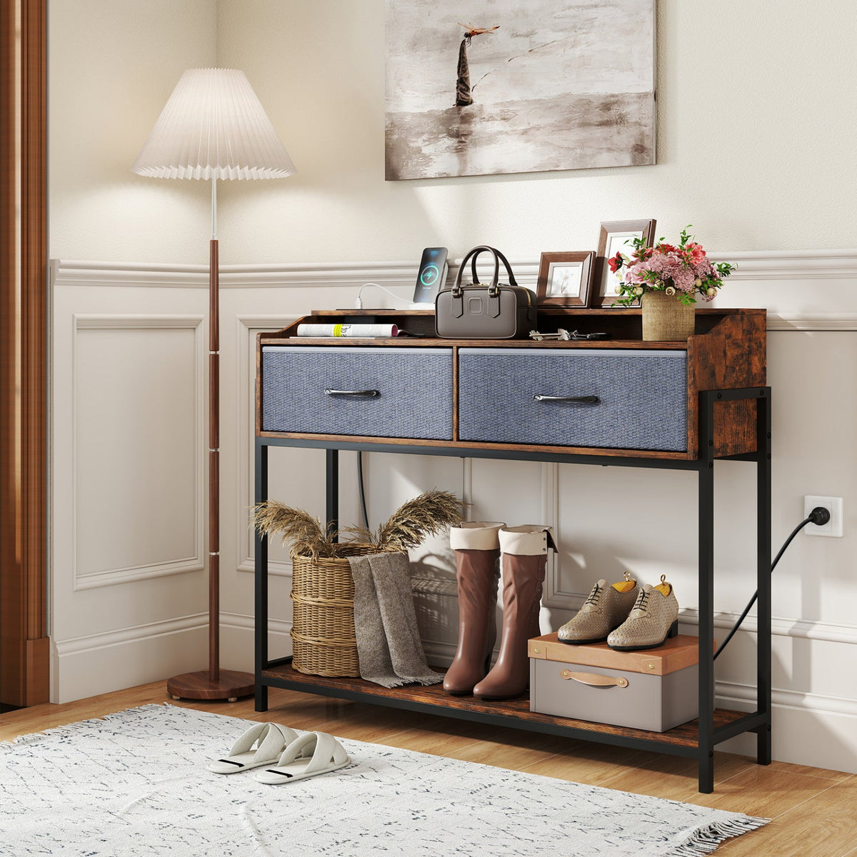 Console Table with Charging Station & 2 Drawers 110cm