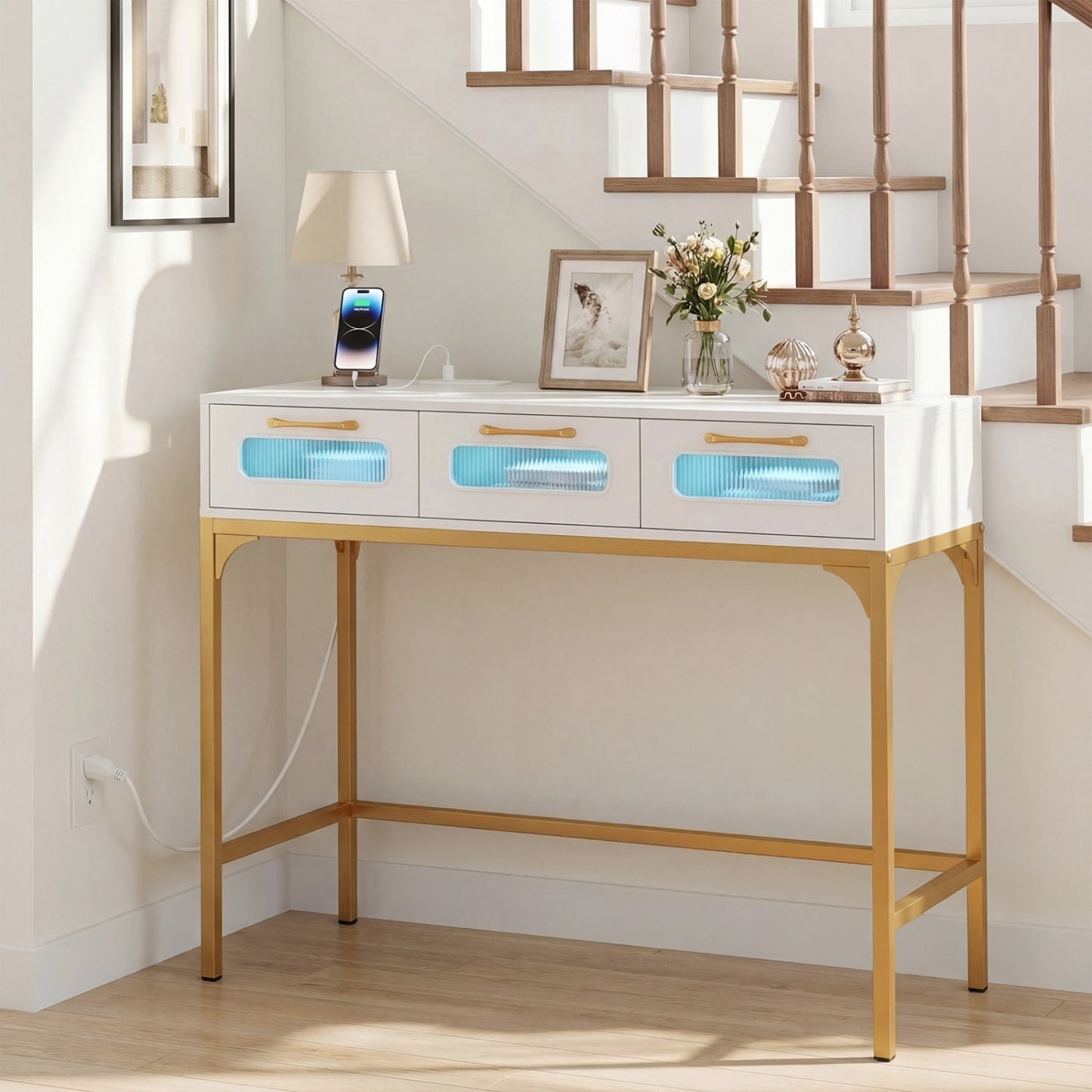 Console Table with LED Lighting and Charging Station for Living Room and Hallway