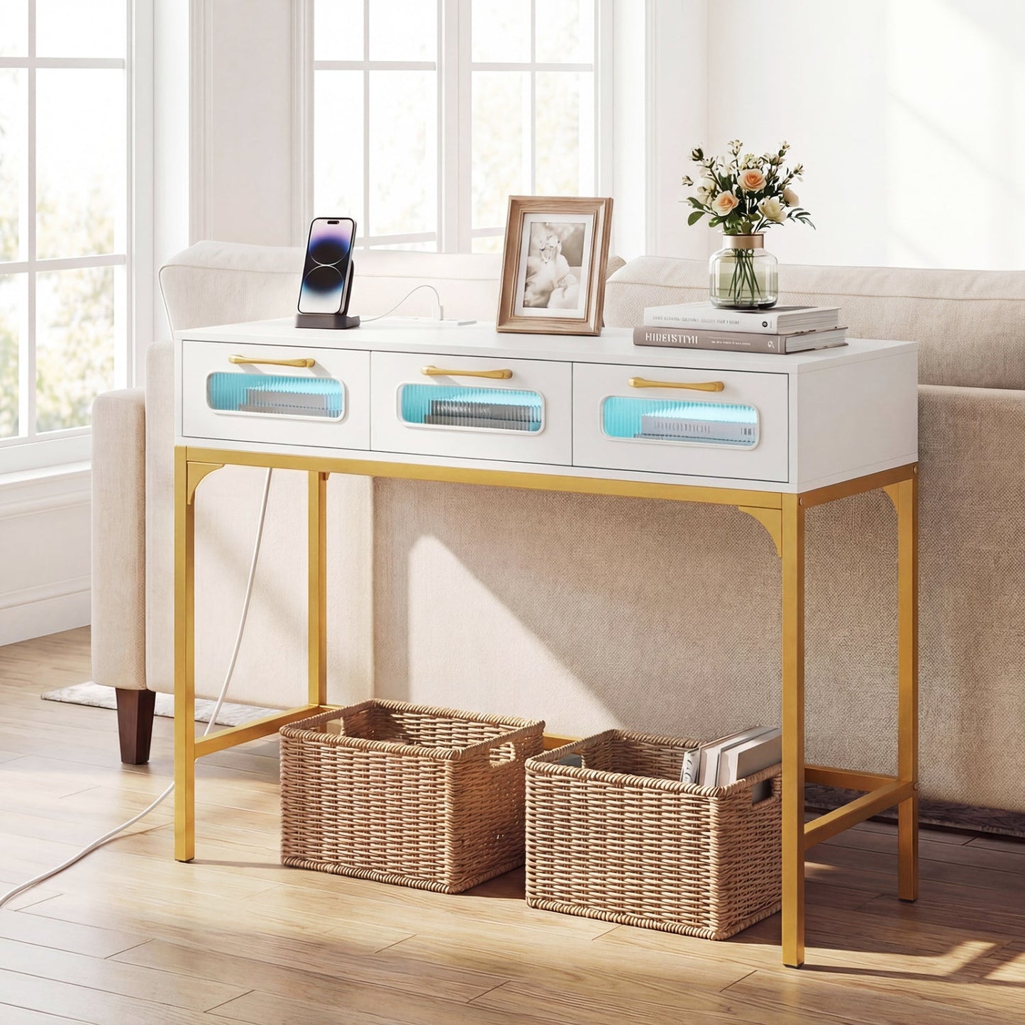 Console Table with LED Lighting and Charging Station for Living Room and Hallway