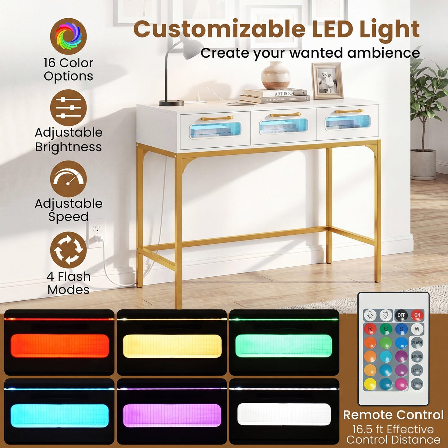 Console Table with LED Lighting and Charging Station for Living Room and Hallway