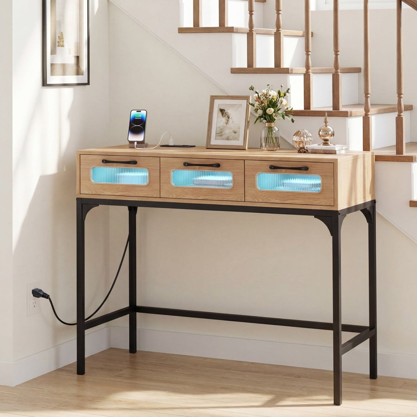 Console Table with LED Lighting and Charging Station for Living Room and Hallway