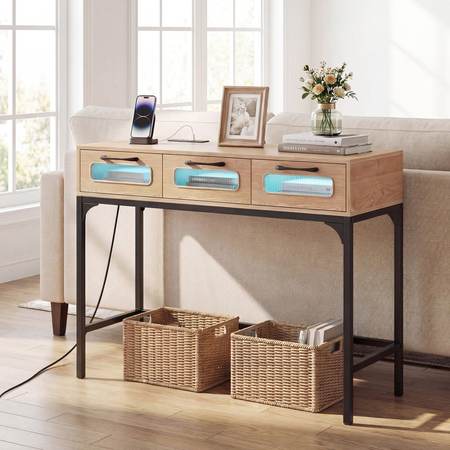 Console Table with LED Lighting and Charging Station for Living Room and Hallway