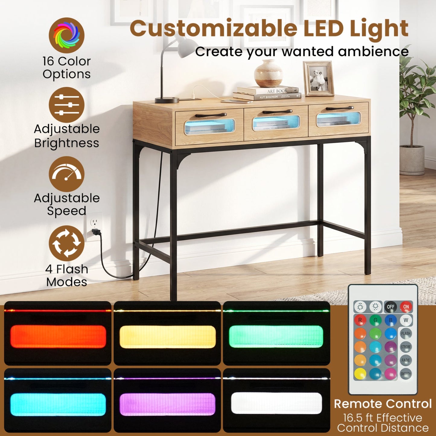 Console Table with LED Lighting and Charging Station for Living Room and Hallway