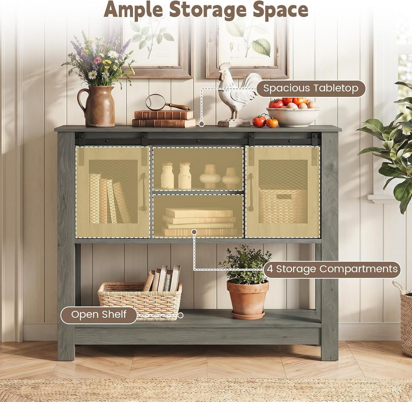 Console Table with Sliding Barn Doors and Storage - Gray