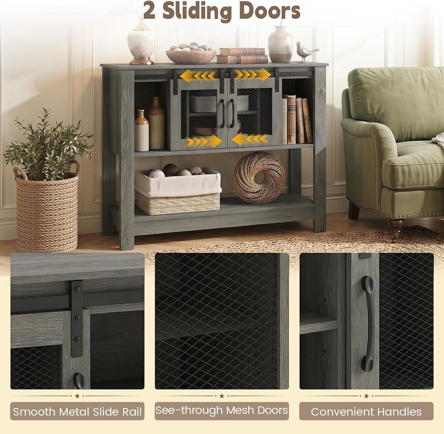 Console Table with Sliding Barn Doors and Storage - Gray