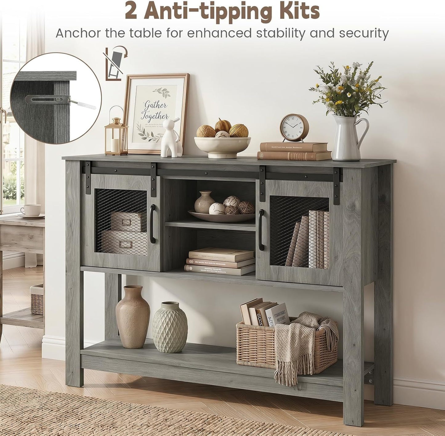 Console Table with Sliding Barn Doors and Storage - Gray