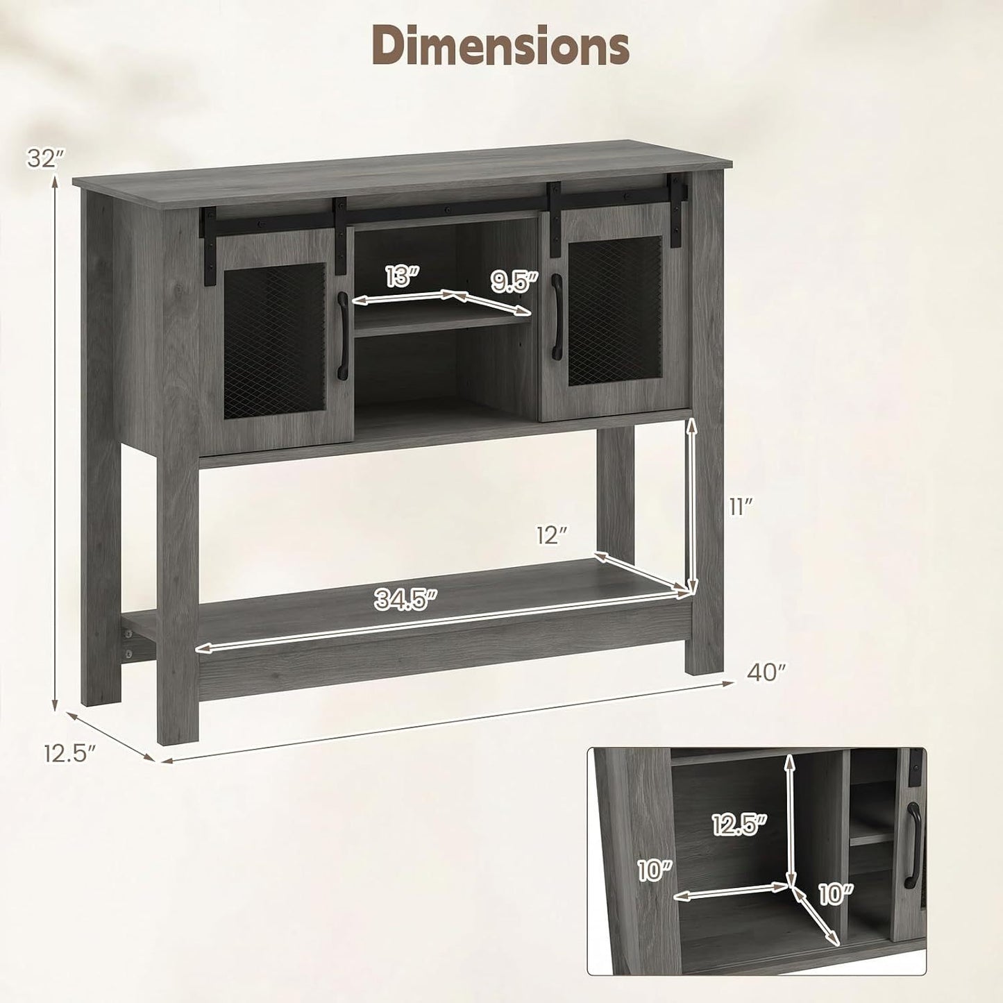 Console Table with Sliding Barn Doors and Storage - Gray