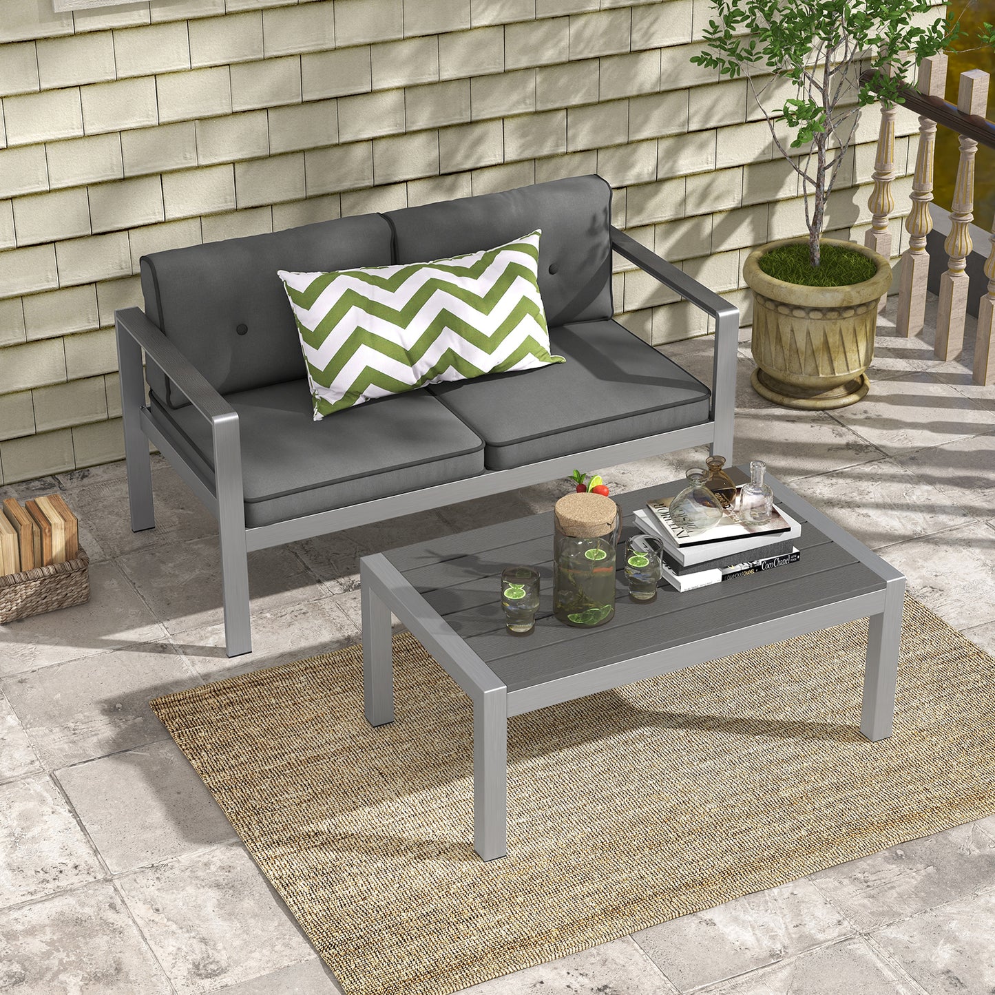 2-Person Outdoor Sofa with WPC Armrests and Cushions