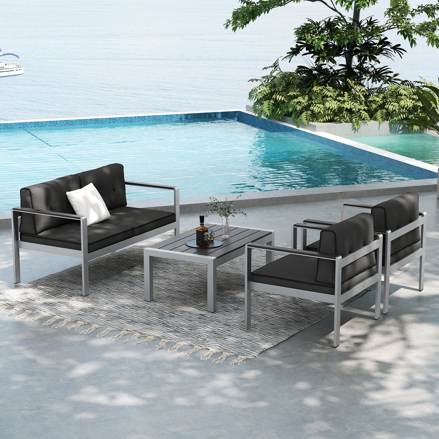 2-Person Outdoor Sofa with WPC Armrests and Cushions