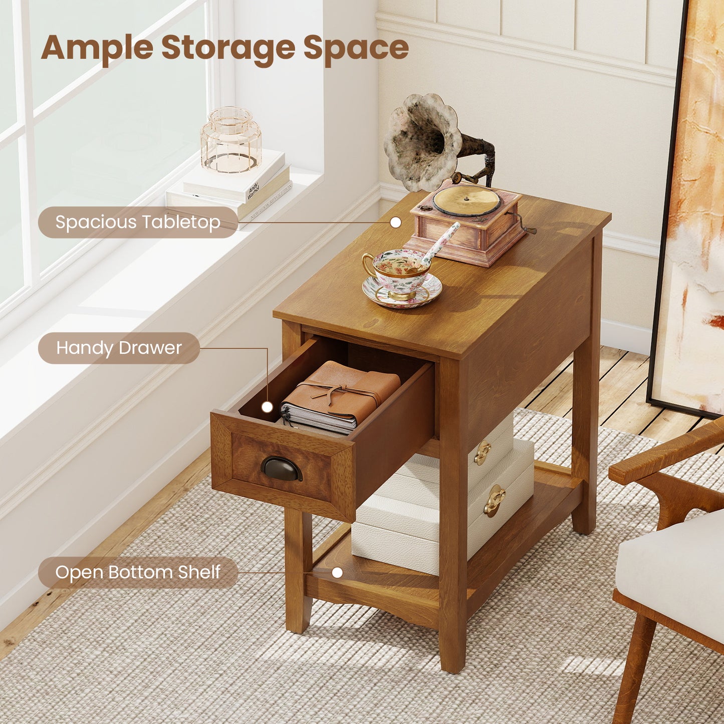 Chair Side End Table with Drawer and Shelf