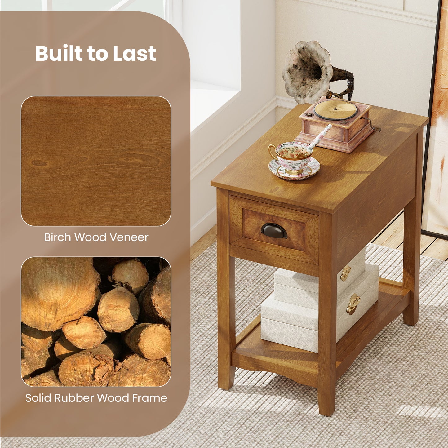 Chair Side End Table with Drawer and Shelf