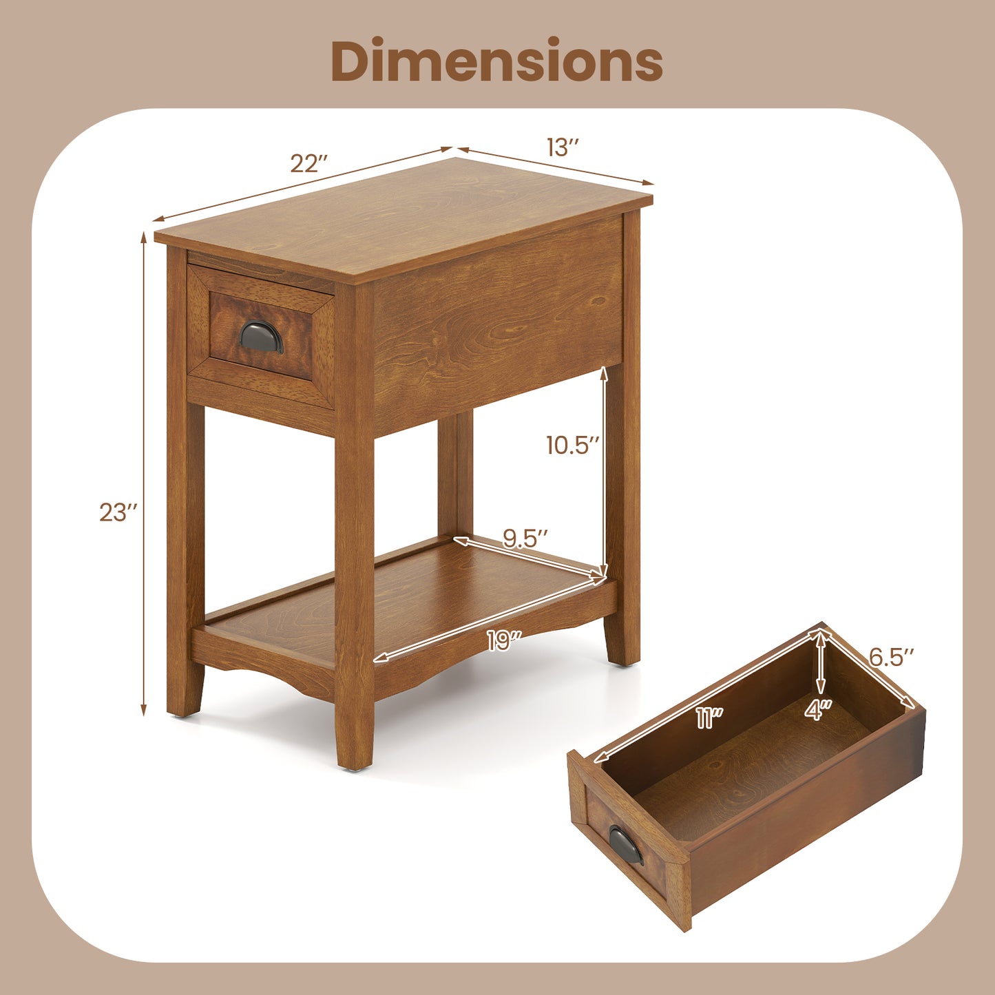 Chair Side End Table with Drawer and Shelf