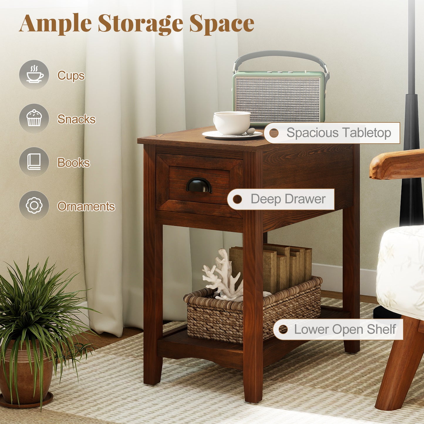 Chair Side End Table with Drawer and Shelf