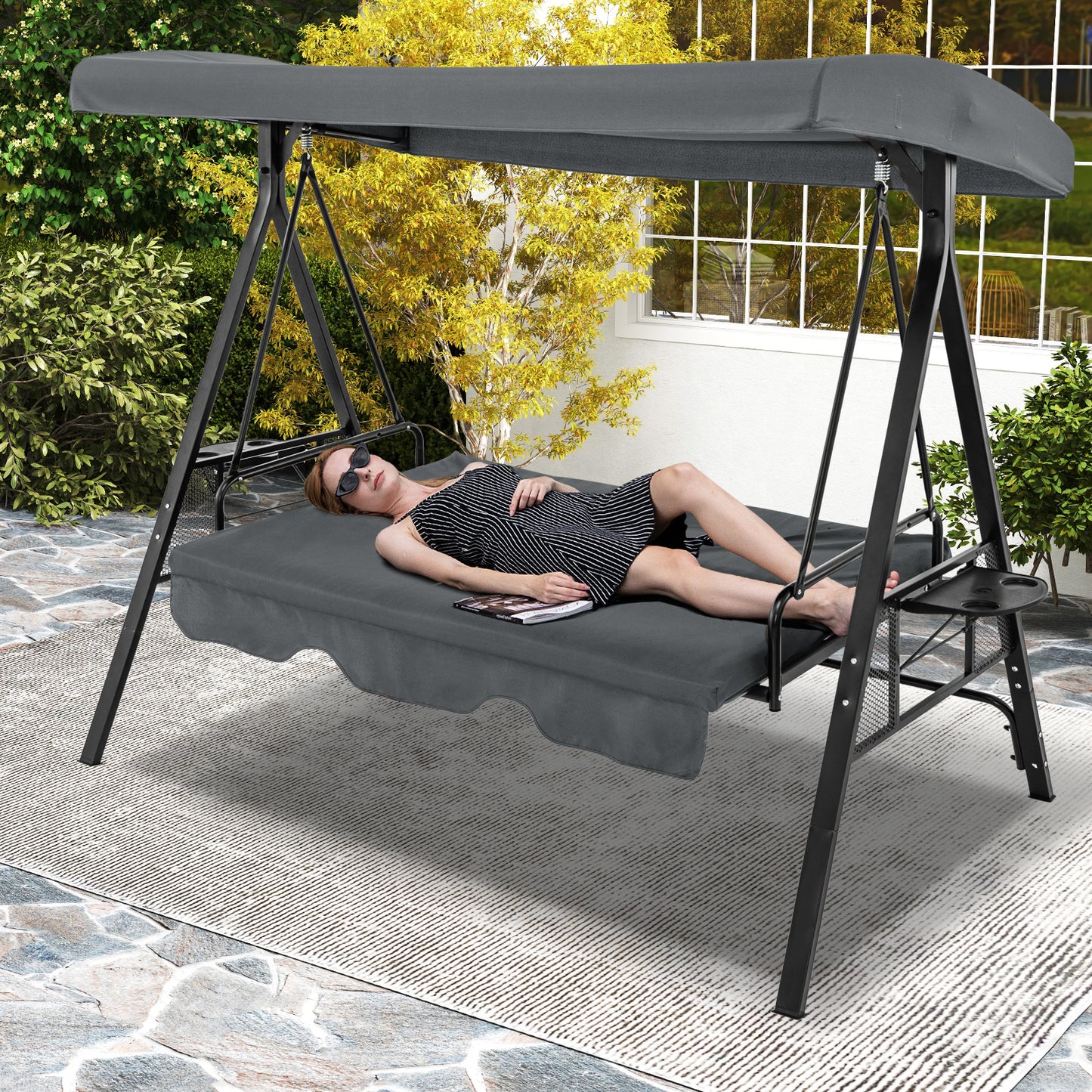3-Seat Convertible Patio Swing with Adjustable Canopy