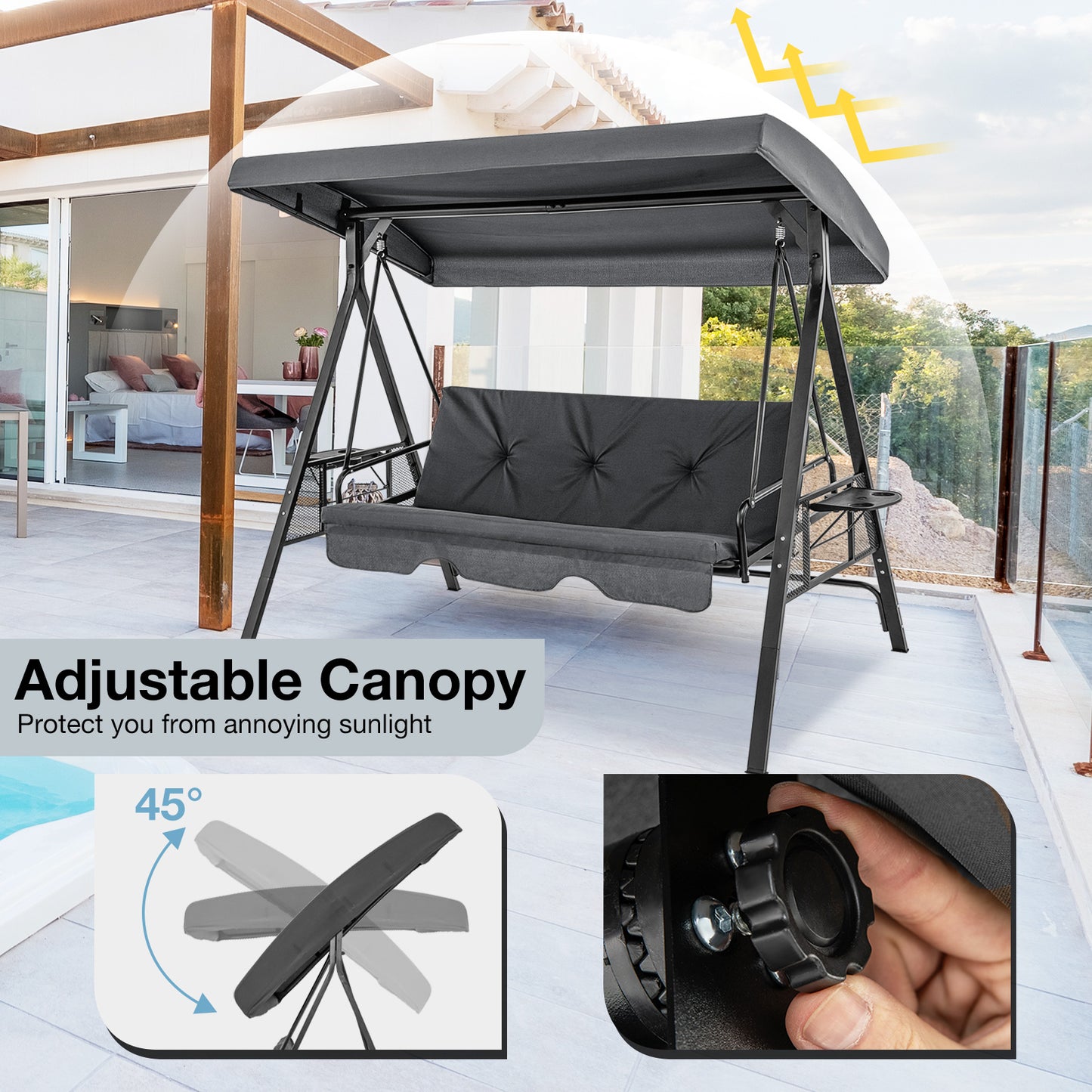 3-Seat Convertible Patio Swing with Adjustable Canopy