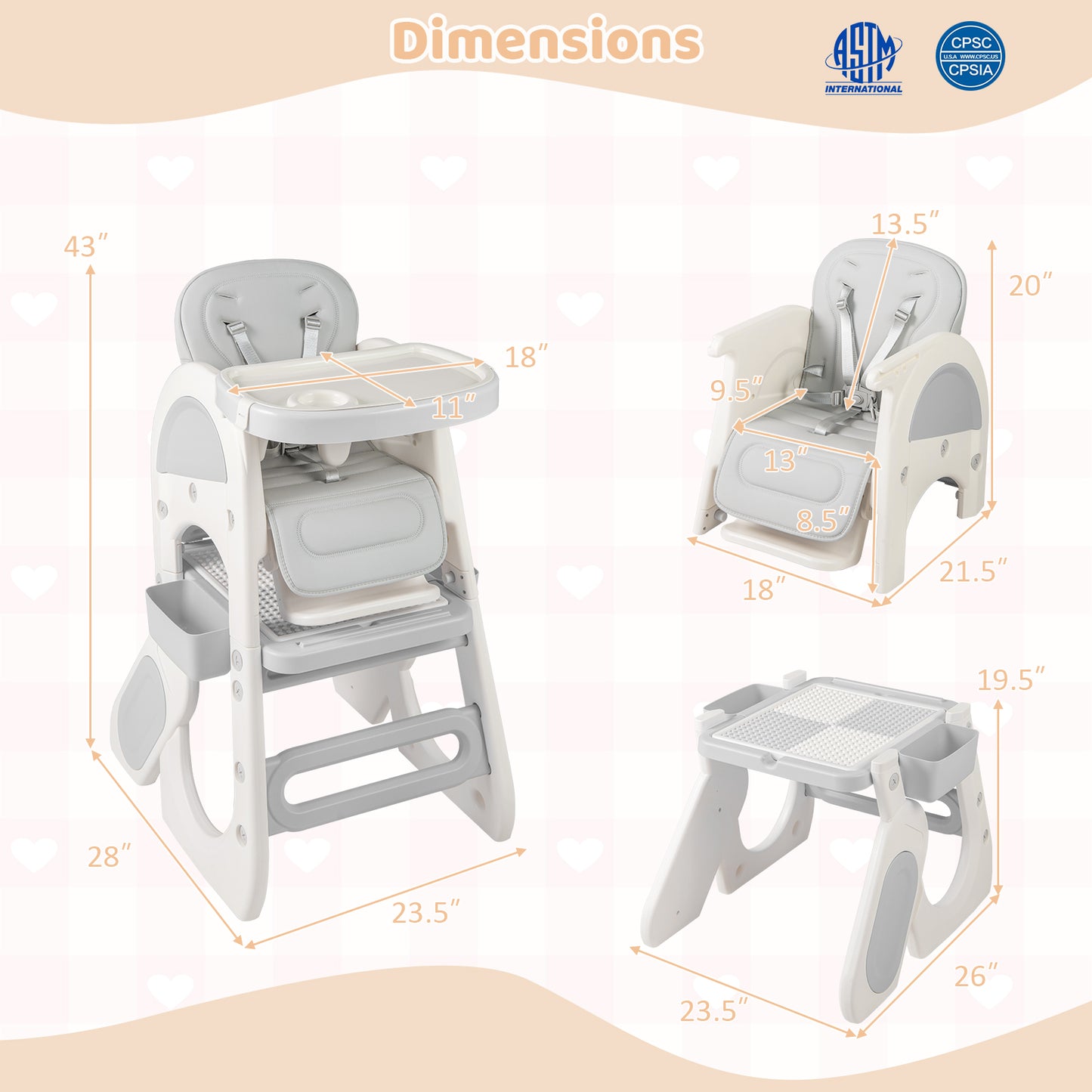 Convertible Baby High Chair with Adjustable Backrest & Tray