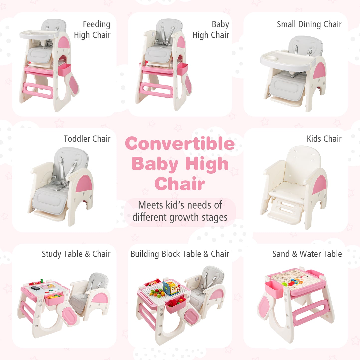Convertible Baby High Chair with Adjustable Backrest & Tray