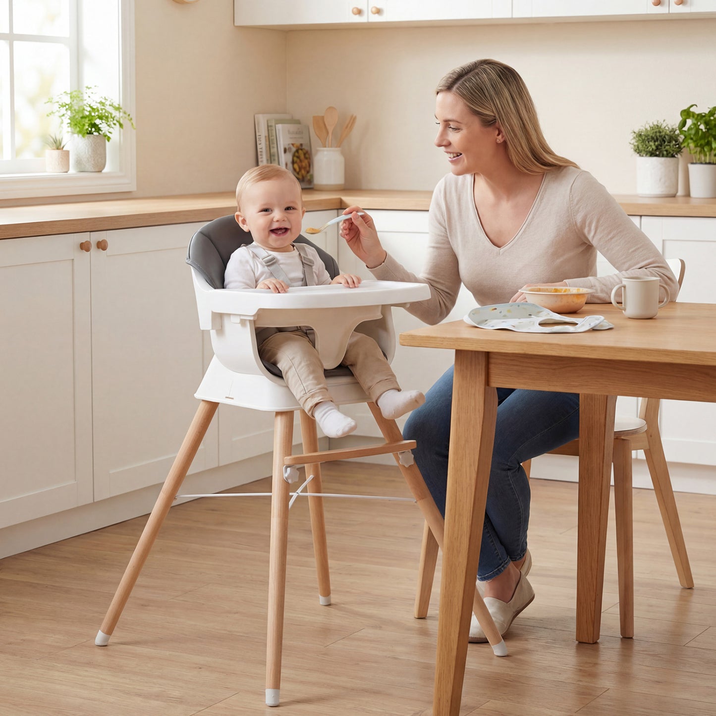Convertible Wood High Chair with Adjustable Tray