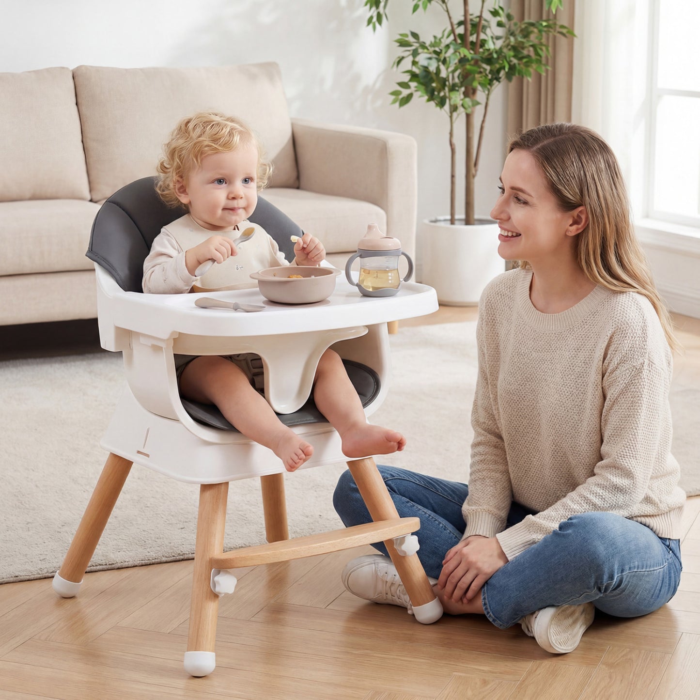 Convertible Wood High Chair with Adjustable Tray
