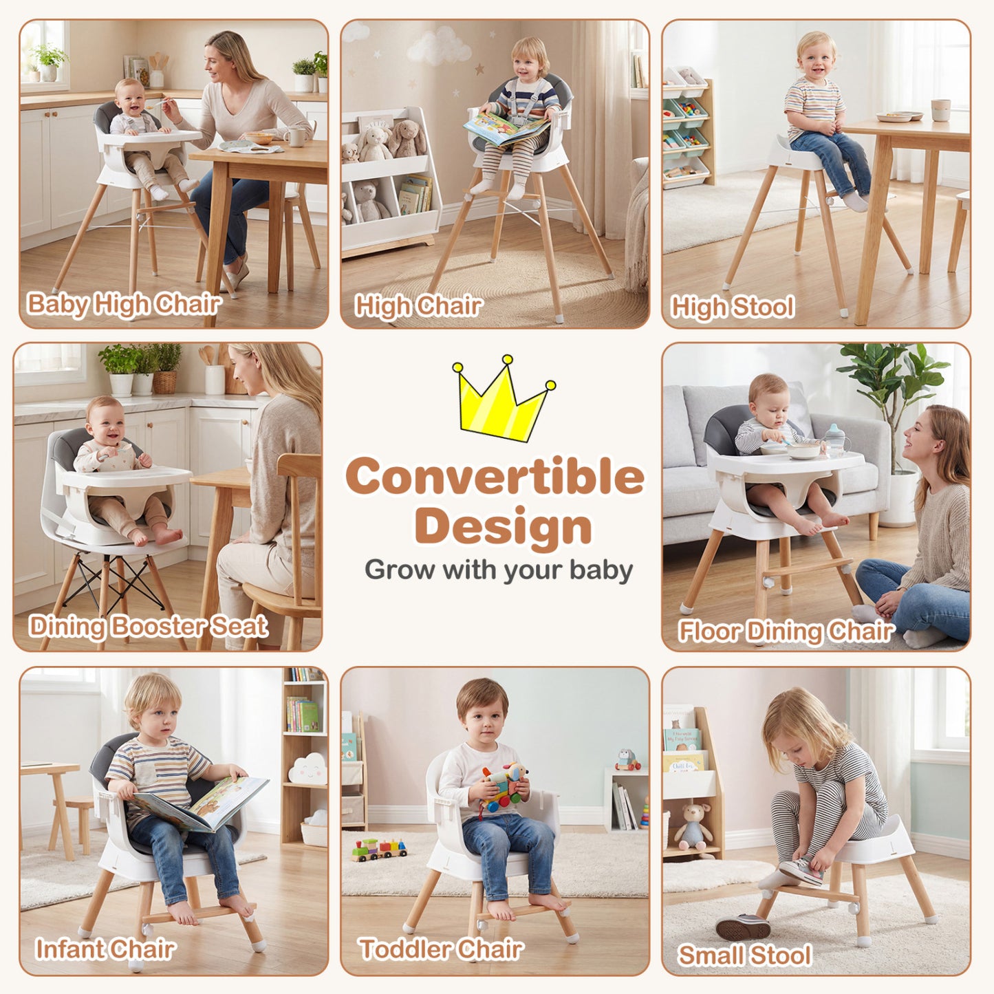 Convertible Wood High Chair with Adjustable Tray