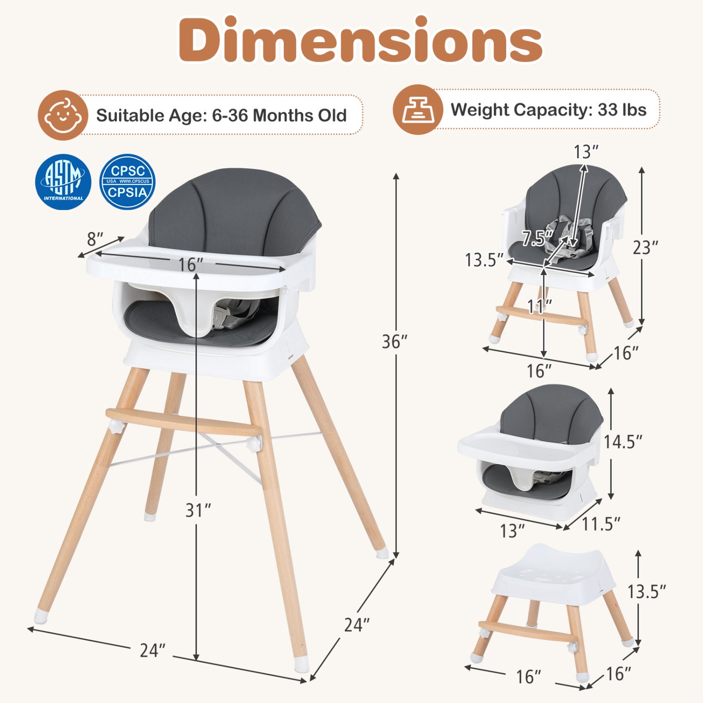 Convertible Wood High Chair with Adjustable Tray