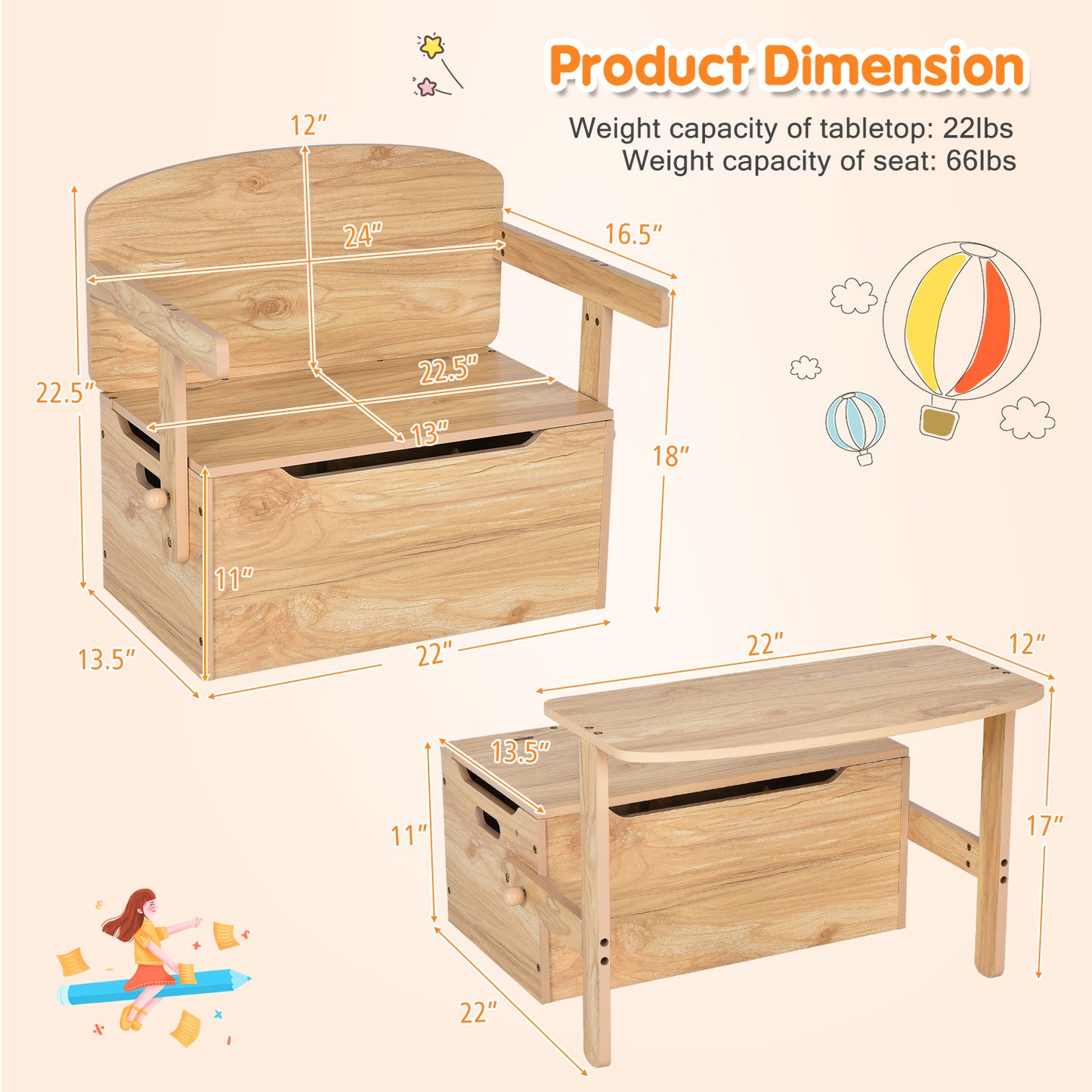 Kids Convertible Storage Bench Activity Table and Chair Set