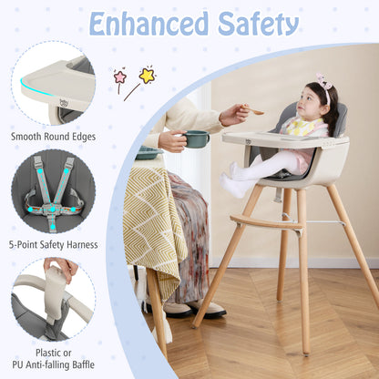 3-in-1 Convertible Wooden High Chair with Cushion