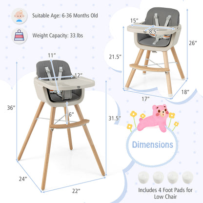 3-in-1 Convertible Wooden High Chair with Cushion