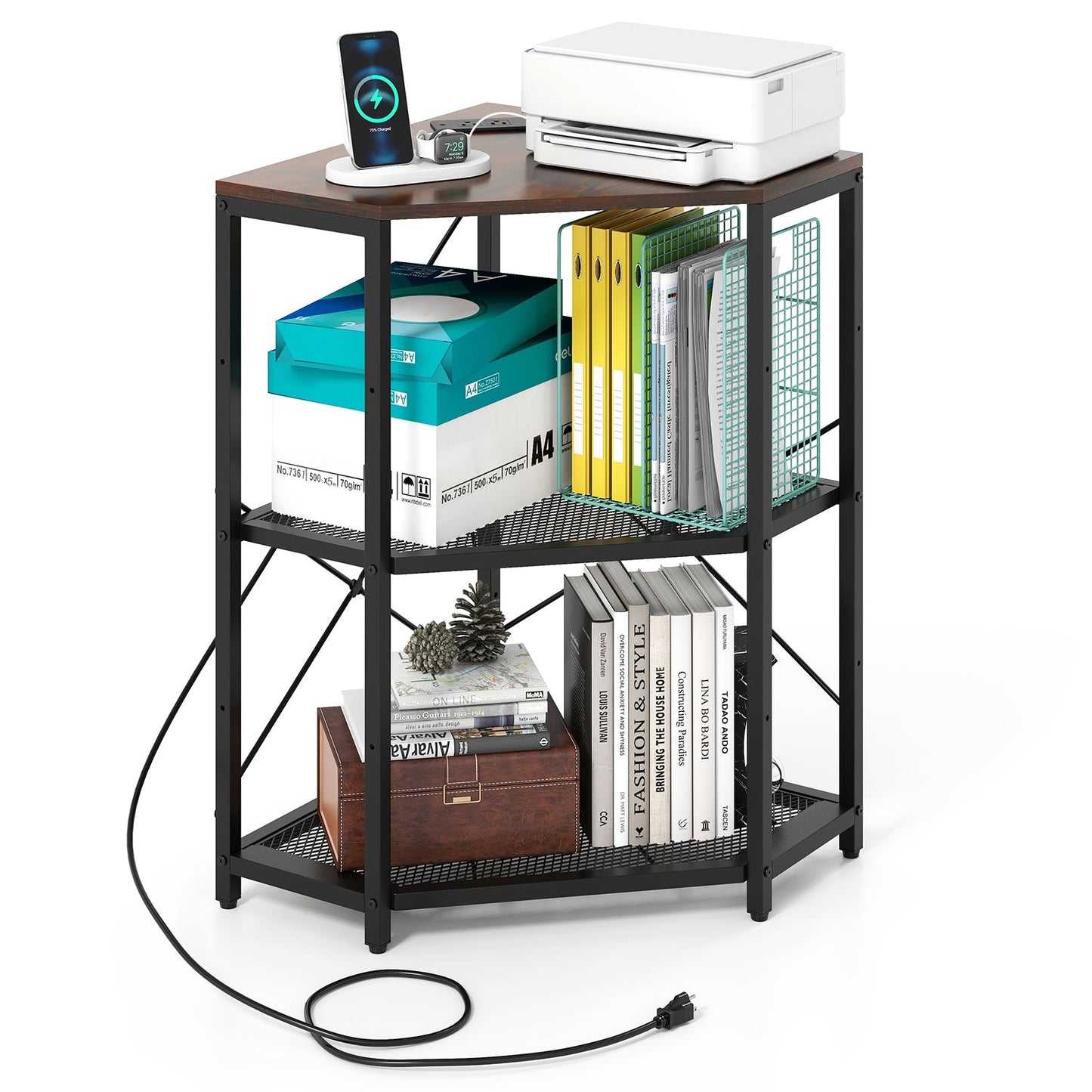 Corner Printer Stand with Power Outlet 3-Tier Storage Rack with Adjustable Shelf