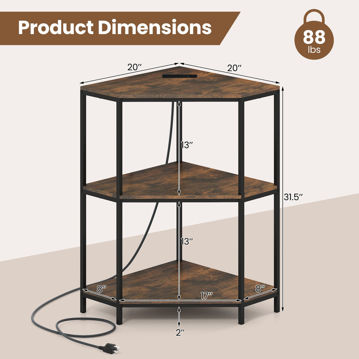 Corner Printer Stand 3-Tier Corner Shelf with Charging Station and Metal Frame-Rustic Brown