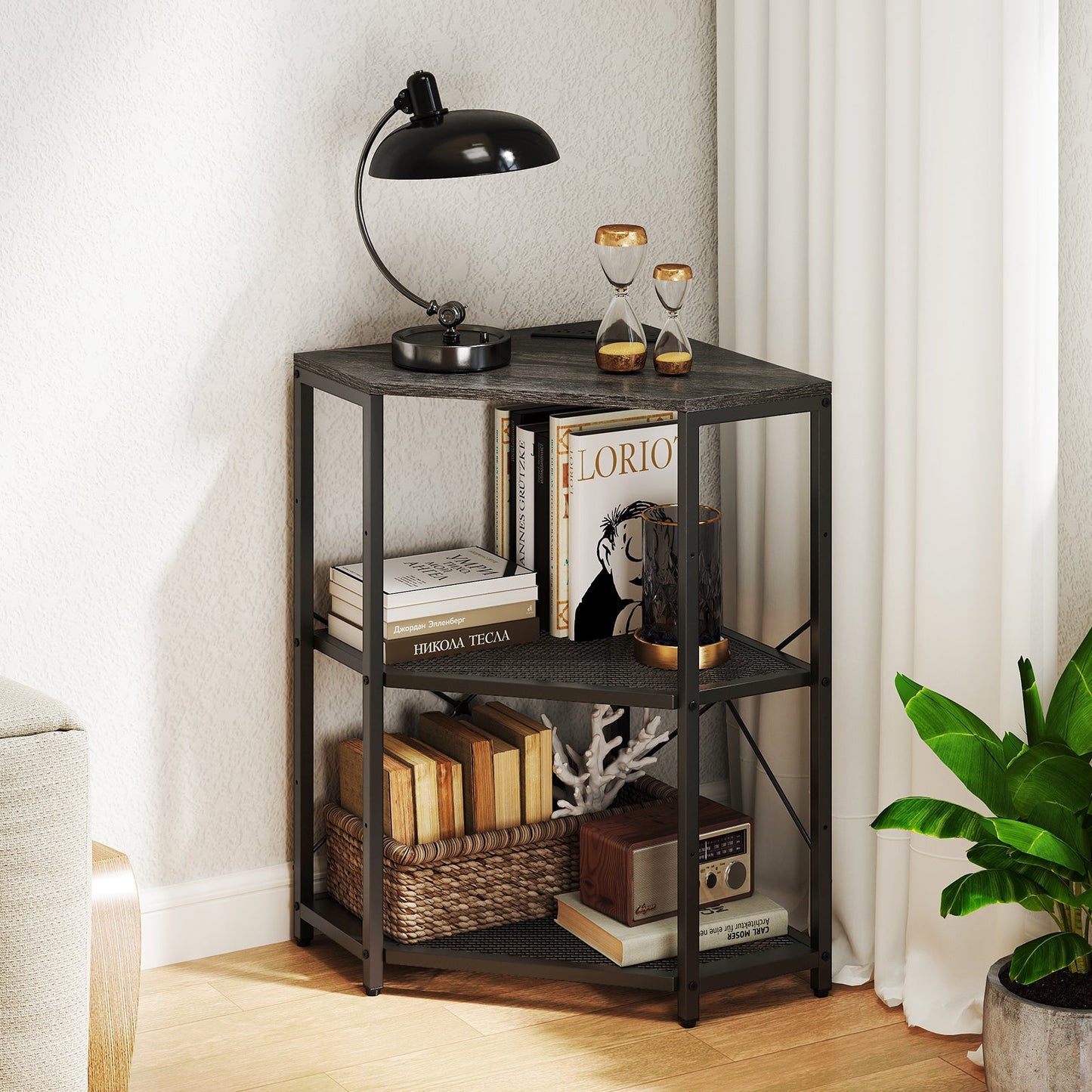 Corner Printer Stand with Power Outlet 3-Tier Storage Rack with Adjustable Shelf