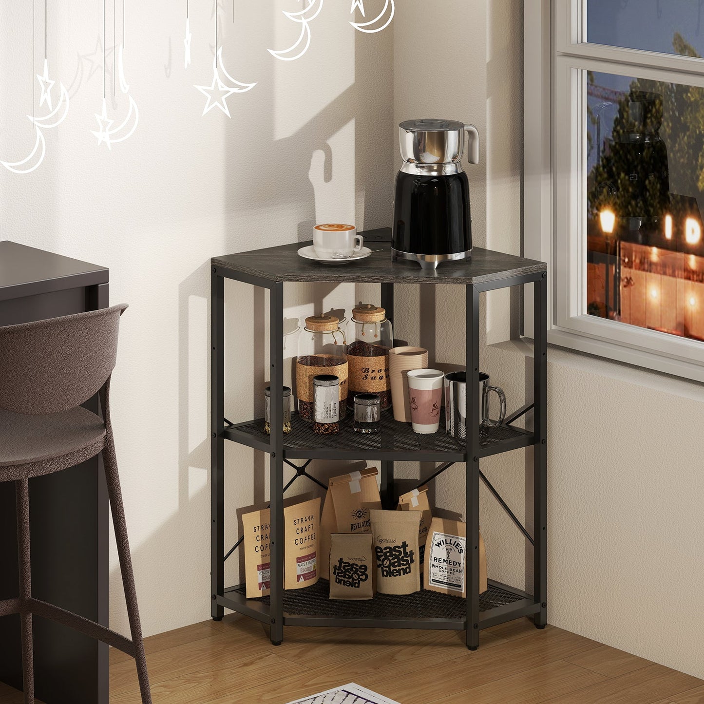 Corner Printer Stand with Power Outlet 3-Tier Storage Rack with Adjustable Shelf