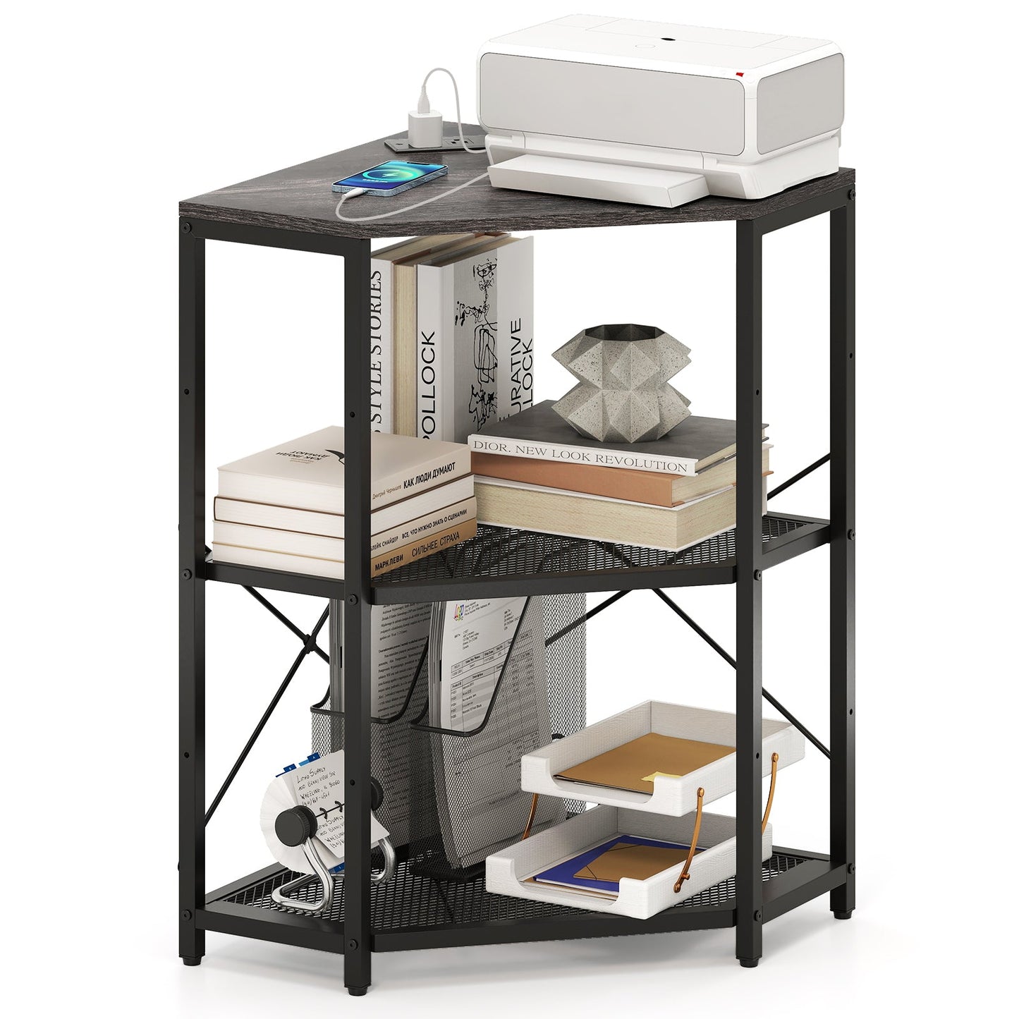 Corner Printer Stand with Power Outlet 3-Tier Storage Rack with Adjustable Shelf