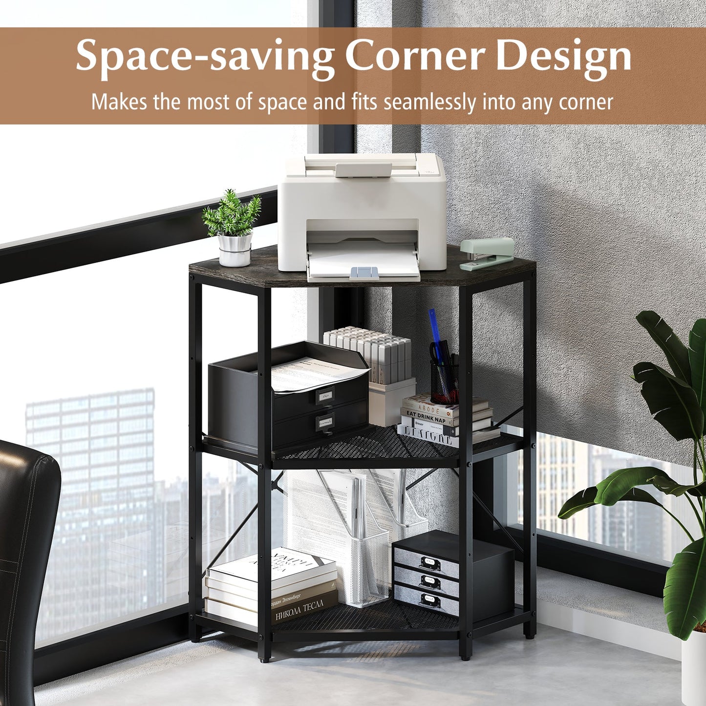 Corner Printer Stand with Power Outlet 3-Tier Storage Rack with Adjustable Shelf