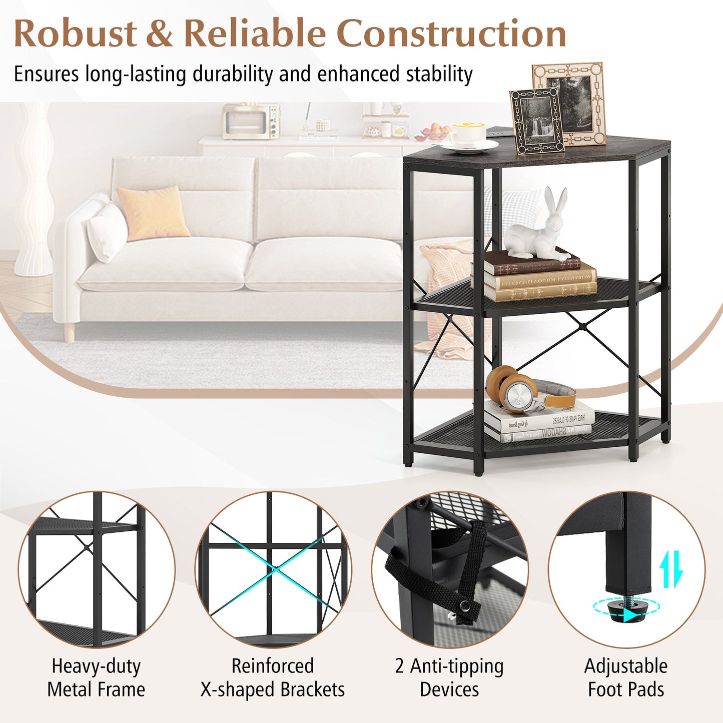 Corner Printer Stand with Power Outlet 3-Tier Storage Rack with Adjustable Shelf