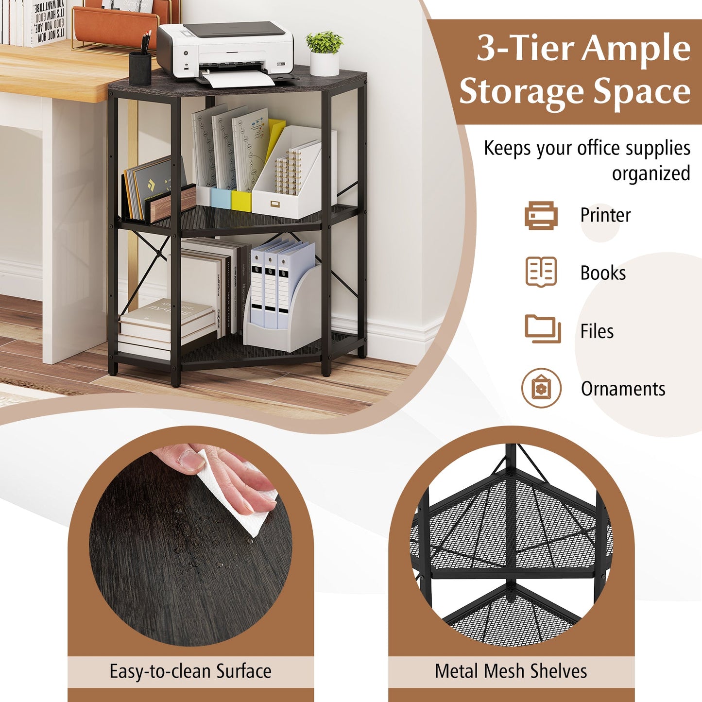 Corner Printer Stand with Power Outlet 3-Tier Storage Rack with Adjustable Shelf
