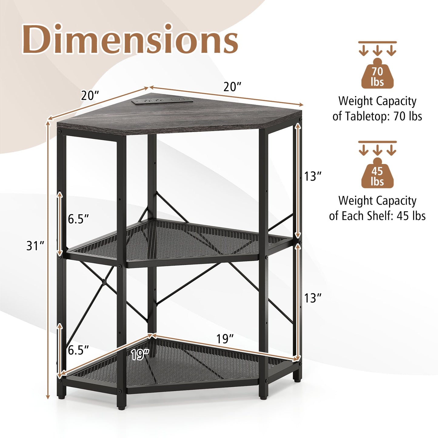 Corner Printer Stand with Power Outlet 3-Tier Storage Rack with Adjustable Shelf