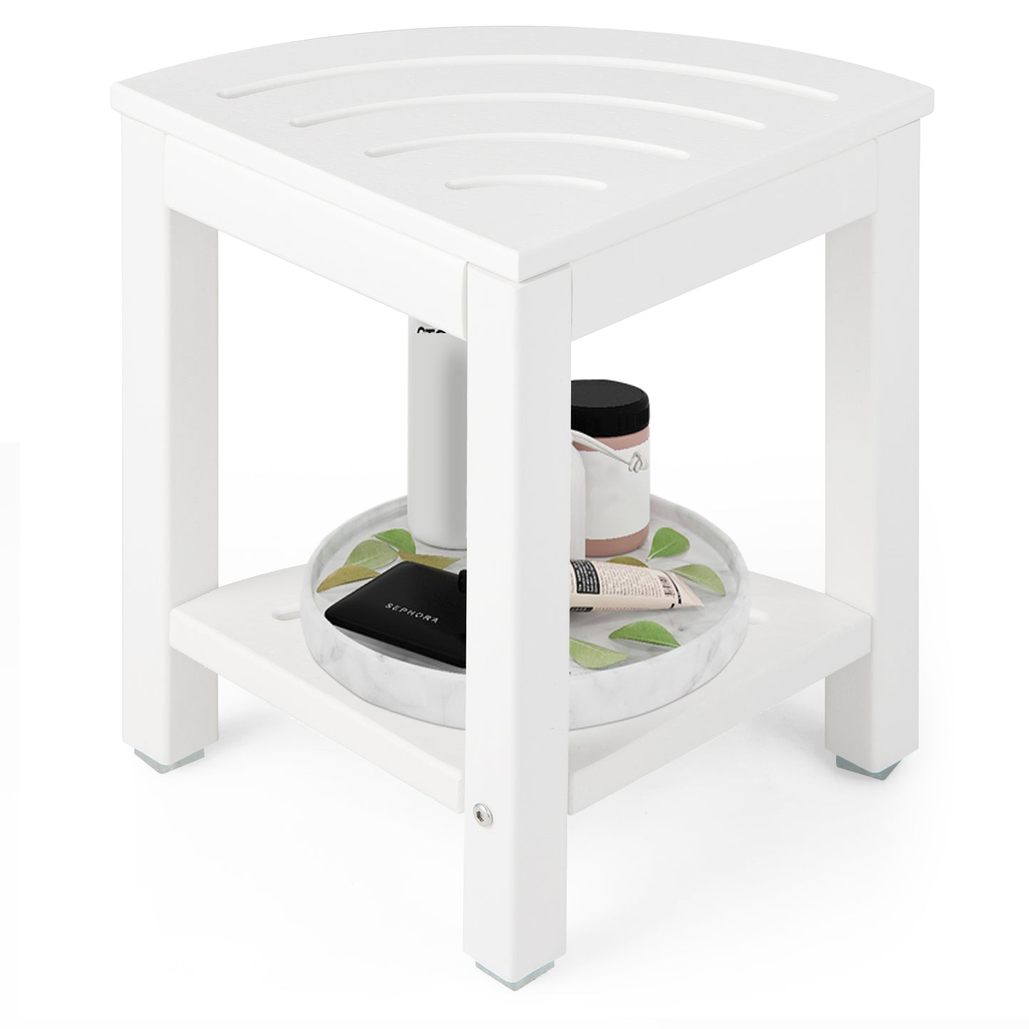 Heavy Duty Corner Shower Bench Stool with Storage Shelf for Shaving Legs-White