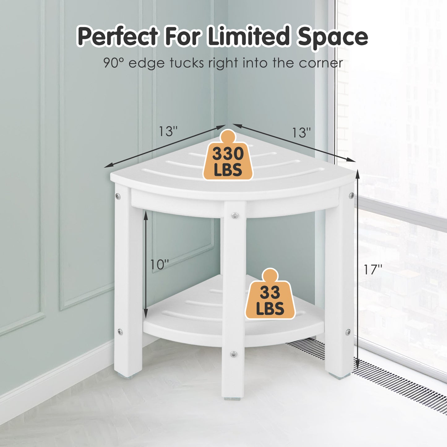 Heavy Duty Corner Shower Bench Stool with Storage Shelf for Shaving Legs-White