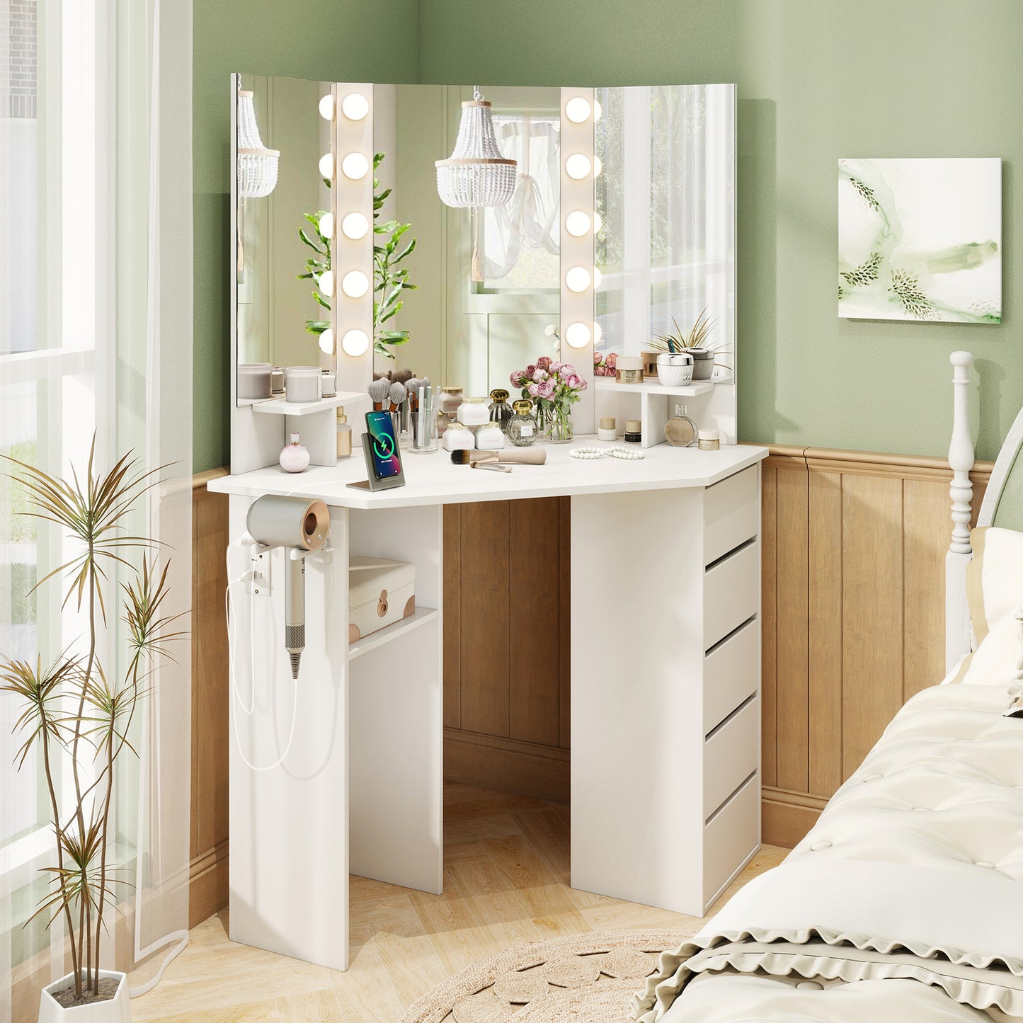 Corner Vanity Desk with LED Lighted Mirror and Power Outlet