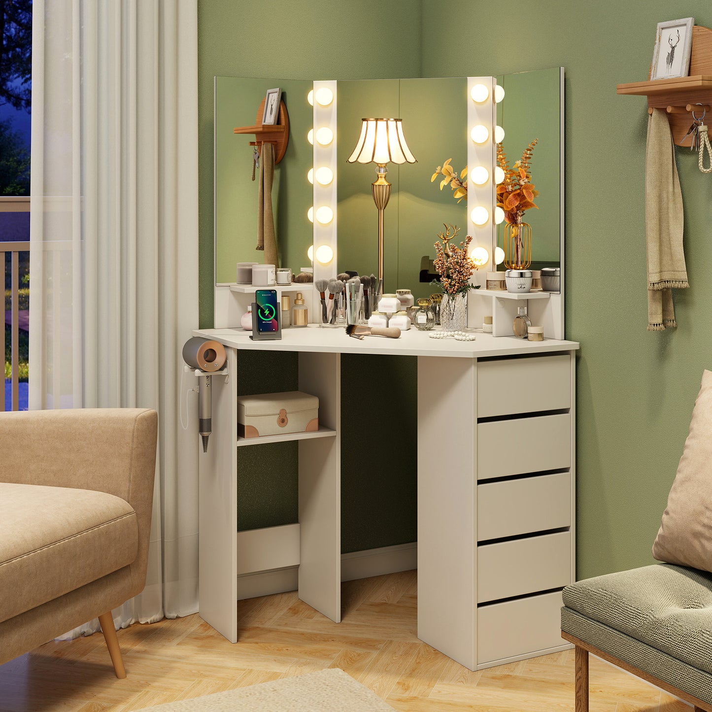 Corner Vanity Desk with LED Lighted Mirror and Power Outlet