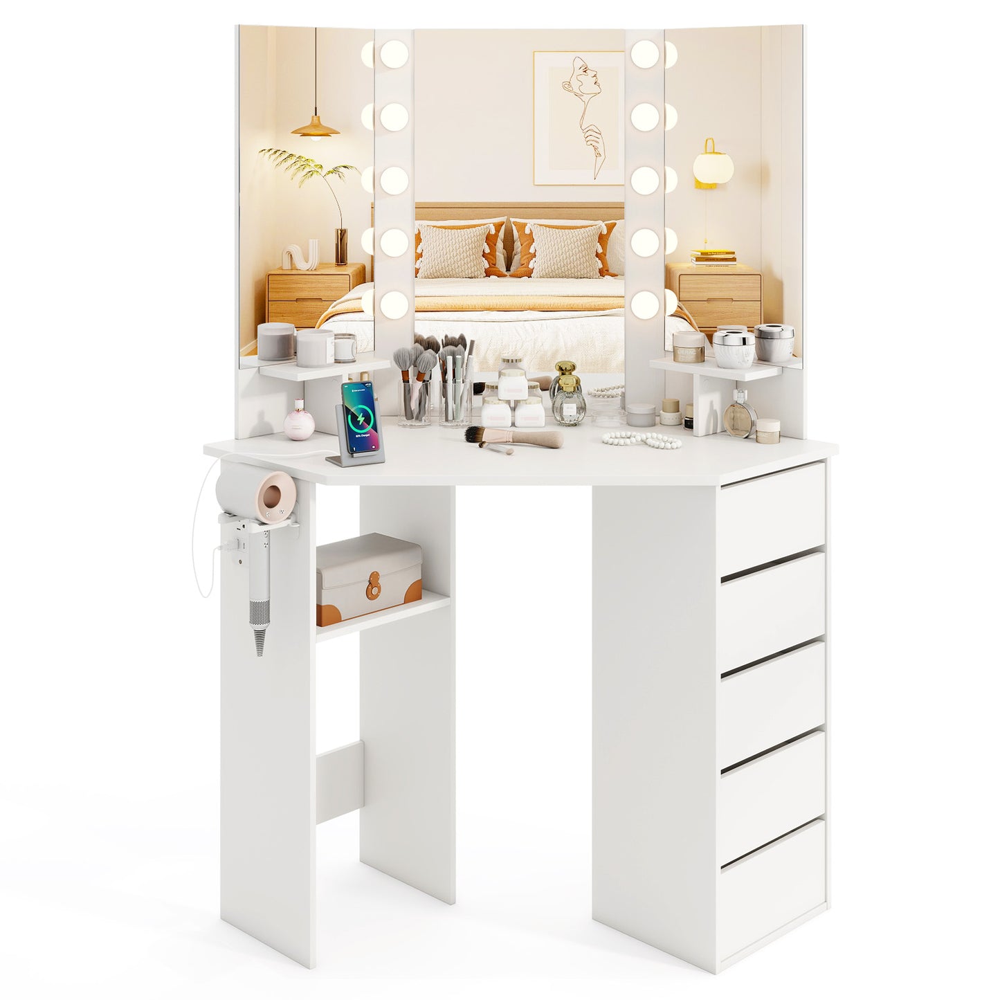 Corner Vanity Desk with LED Lighted Mirror and Power Outlet