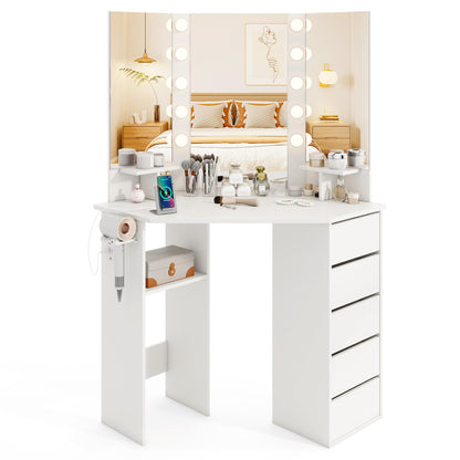 Corner Vanity Desk with LED Lighted Mirror and Power Outlet