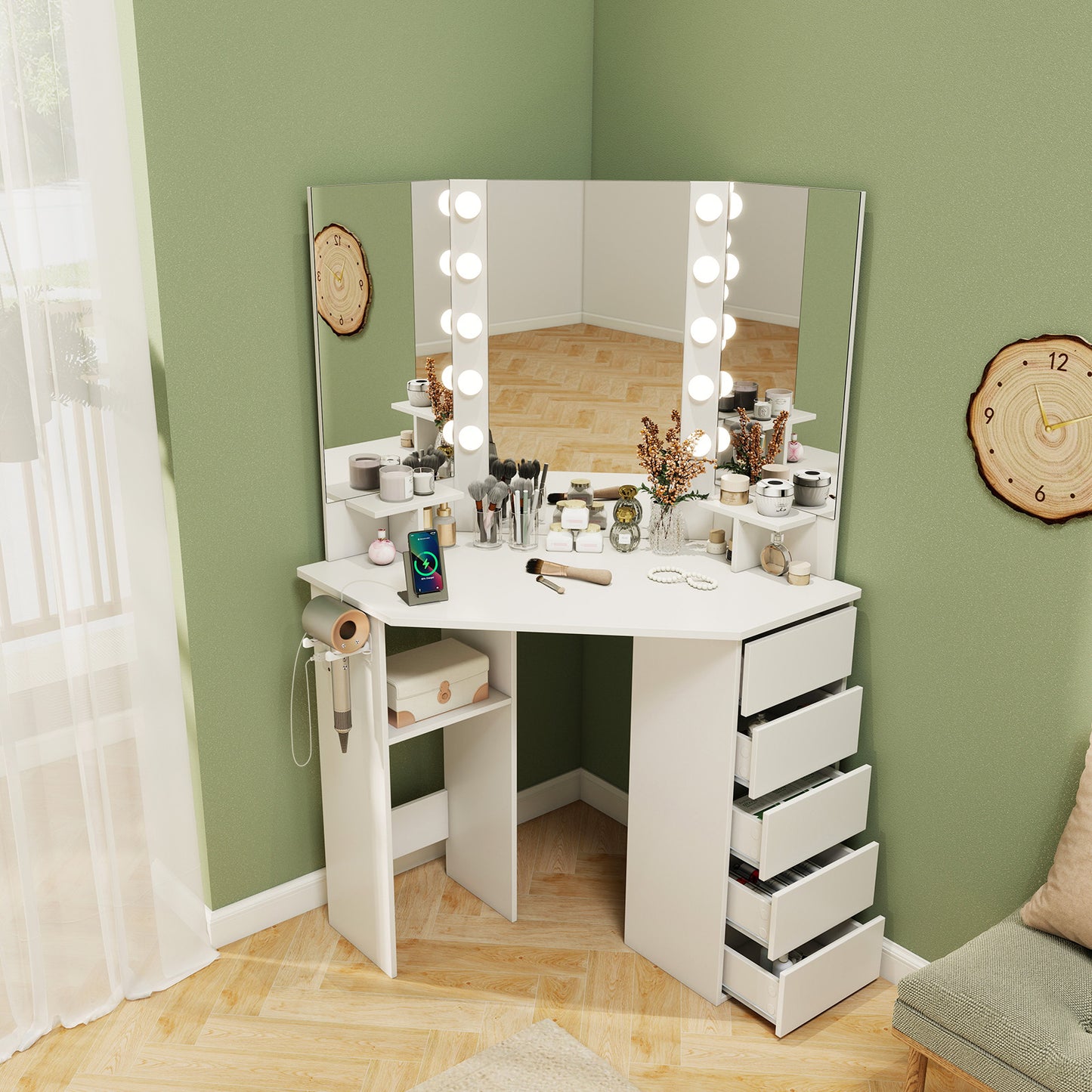 Corner Vanity Desk with LED Lighted Mirror and Power Outlet