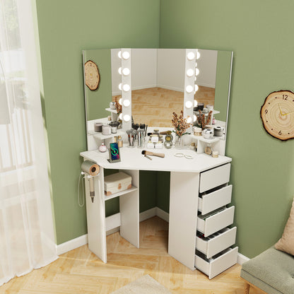 Corner Vanity Desk with LED Lighted Mirror and Power Outlet