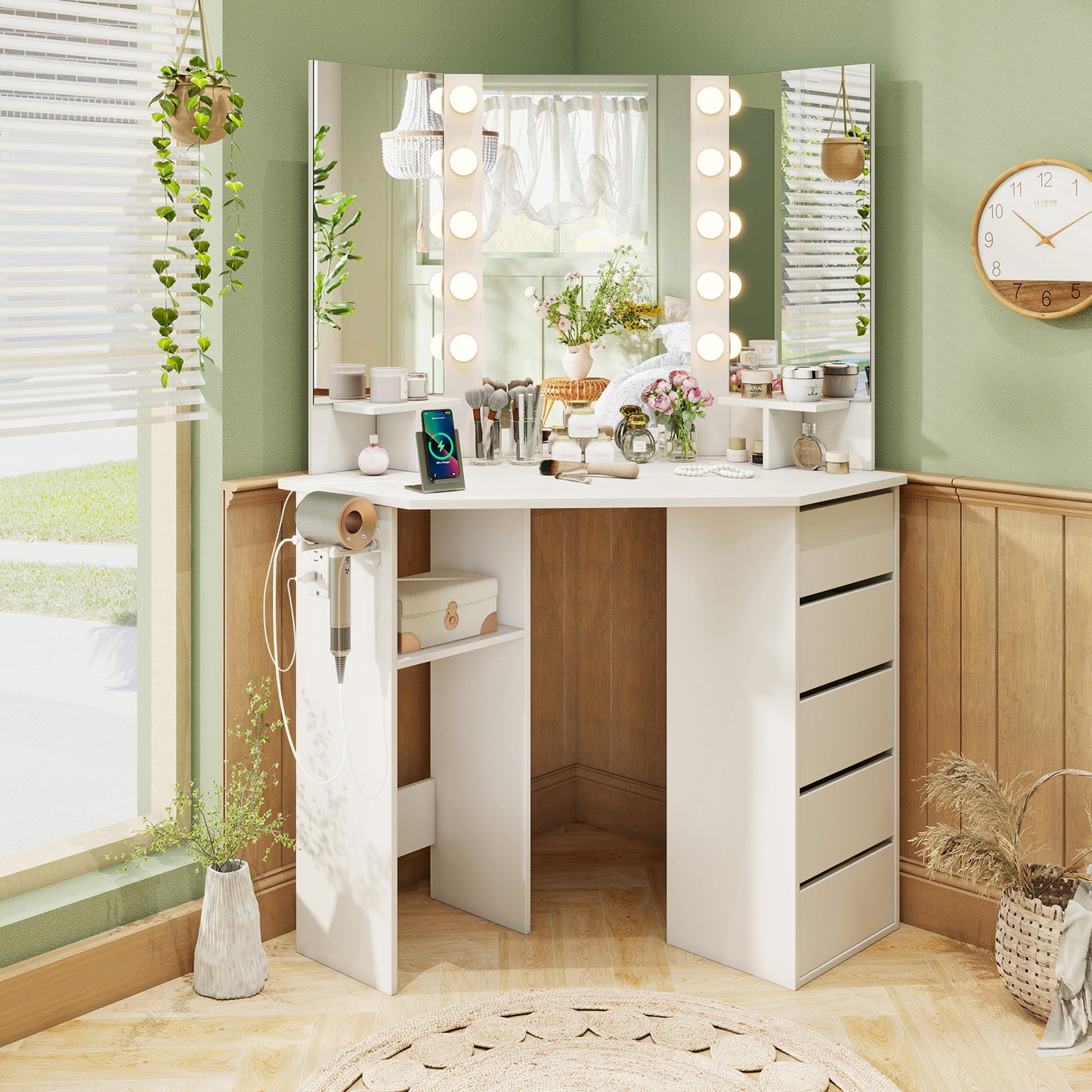 Corner Vanity Desk with LED Lighted Mirror and Power Outlet
