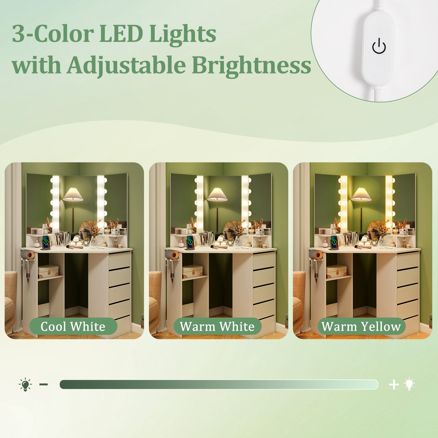 Corner Vanity Desk with LED Lighted Mirror and Power Outlet