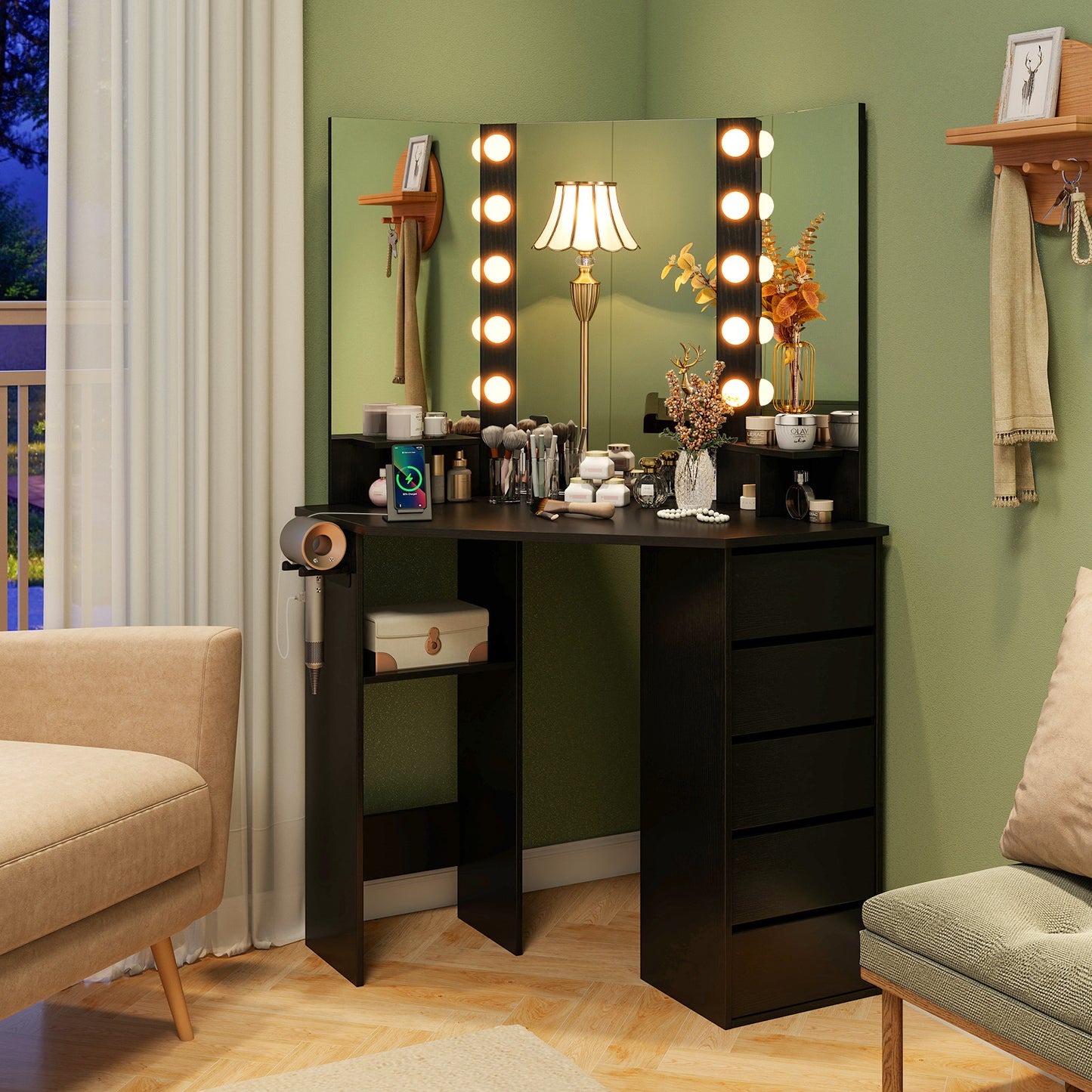 Corner Vanity Desk with LED Lighted Mirror and Power Outlet