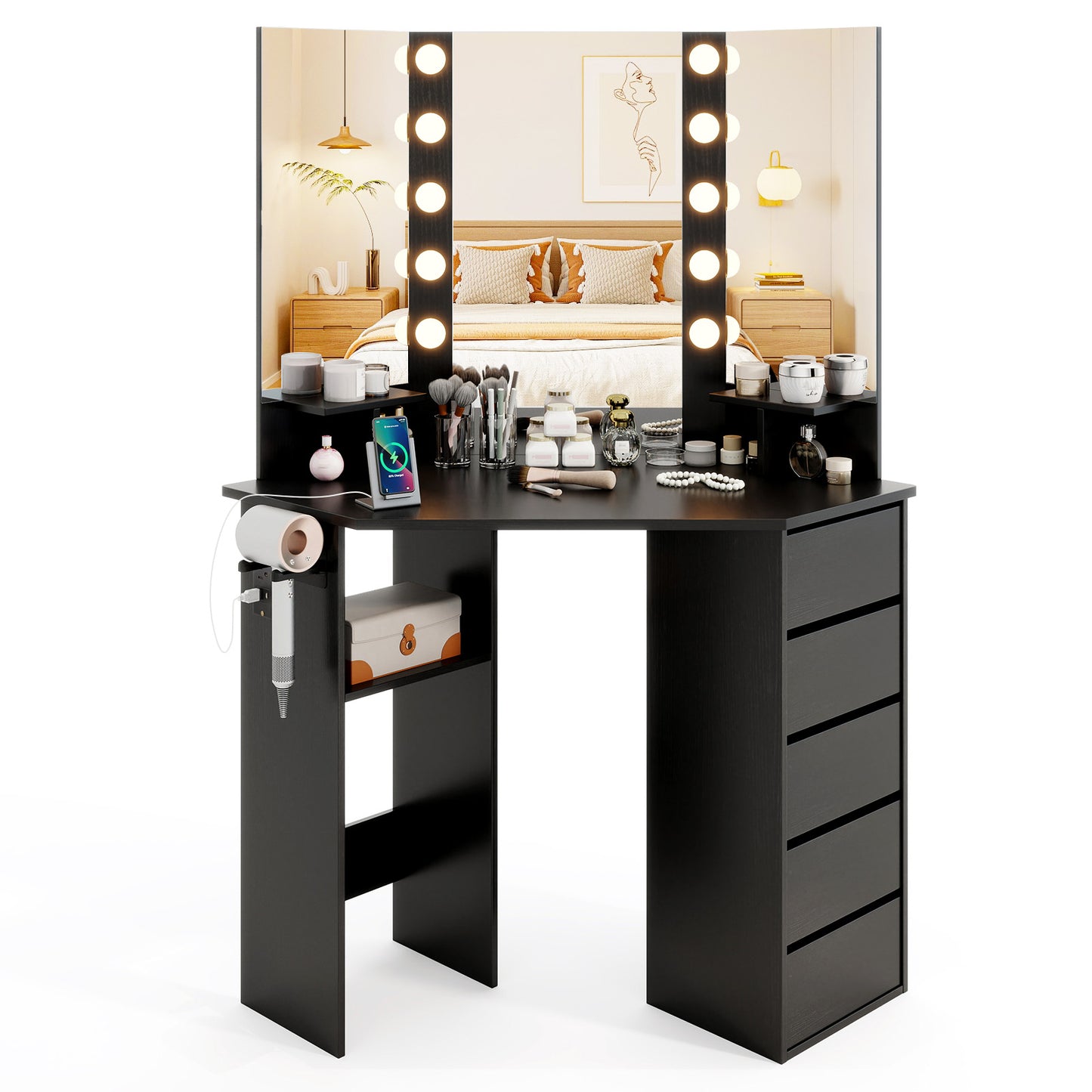 Corner Vanity Desk with LED Lighted Mirror and Power Outlet