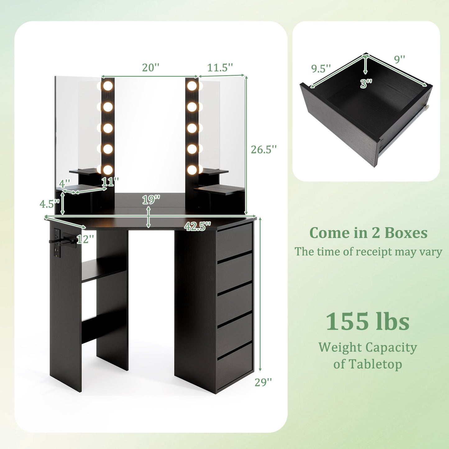 Corner Vanity Desk with LED Lighted Mirror and Power Outlet